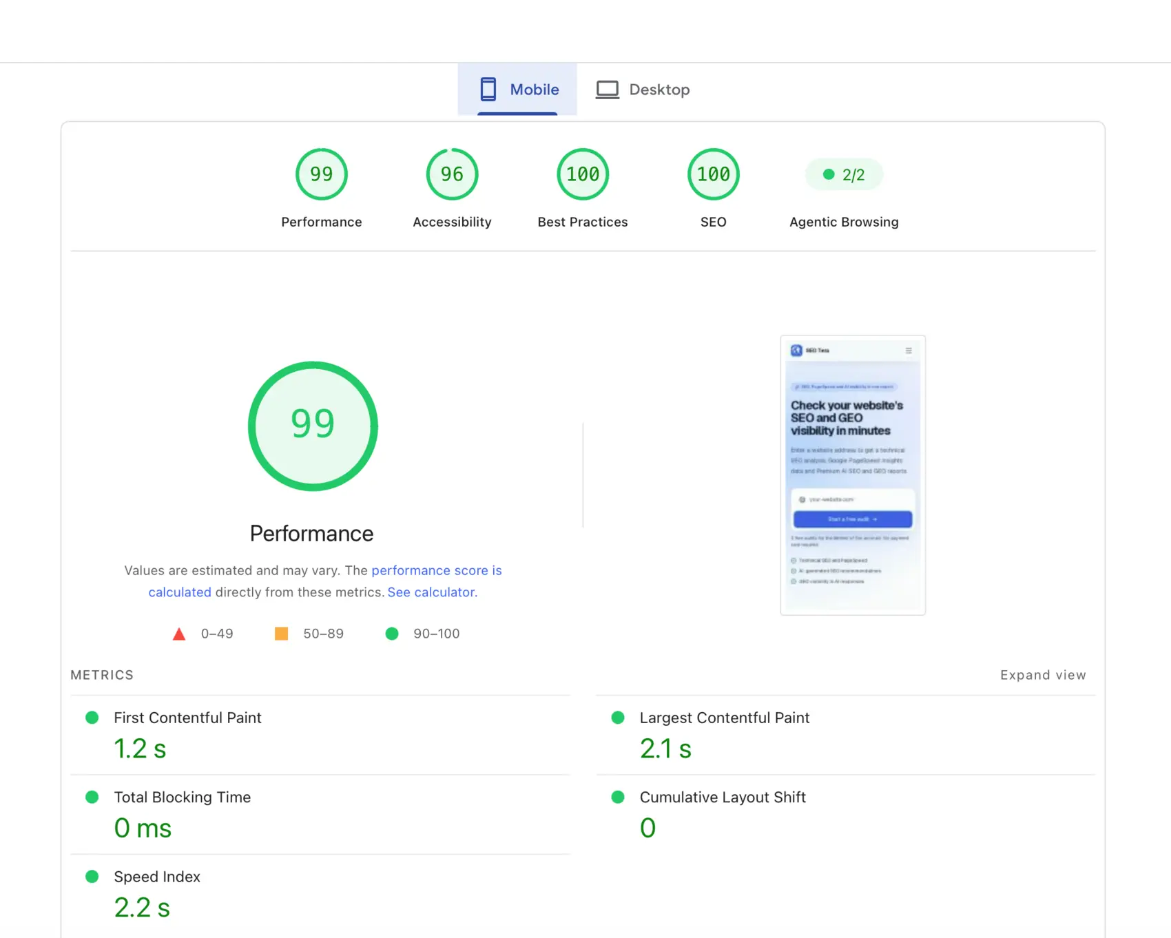 SEO Tera SaaS Google PageSpeed report